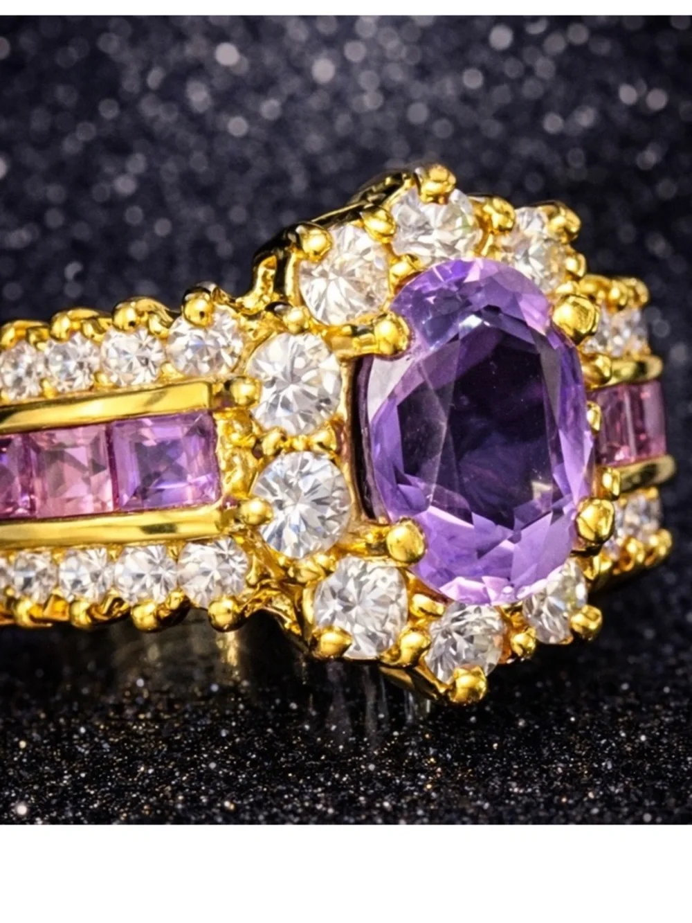 Suzanne Somers vintage amethyst oval round princess cut CZ cocktail ring gold